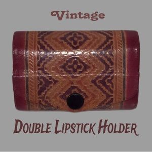 Vintage, Handmade‎ Leather Double Lipstick Case, Tooled Design w/Mirror